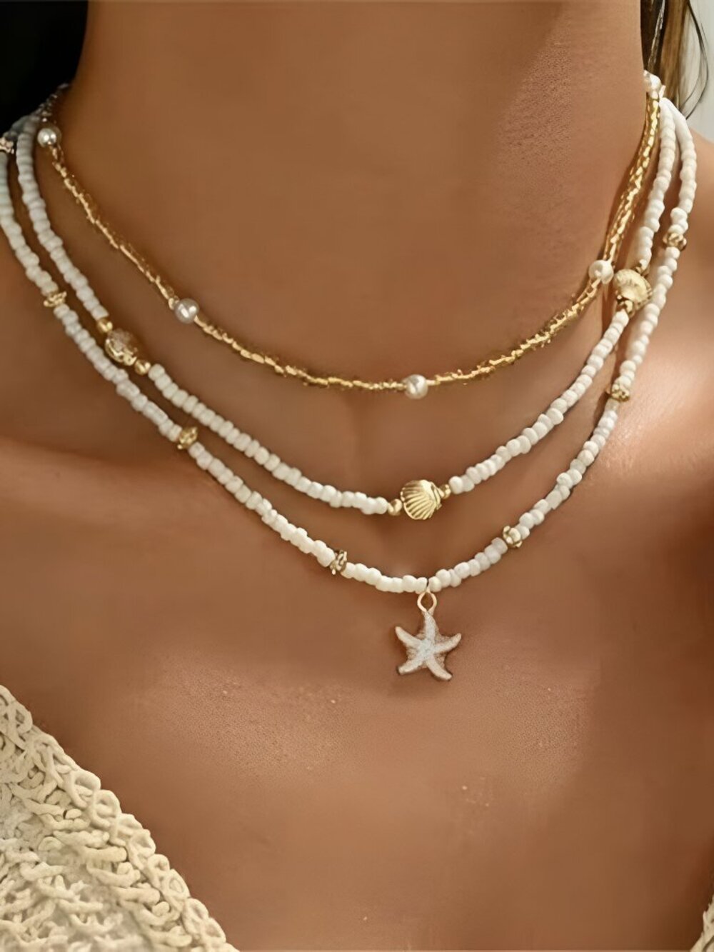Shell Starfish Necklace for Women, 14k Gold Plated Boho Layered Beaded Charm